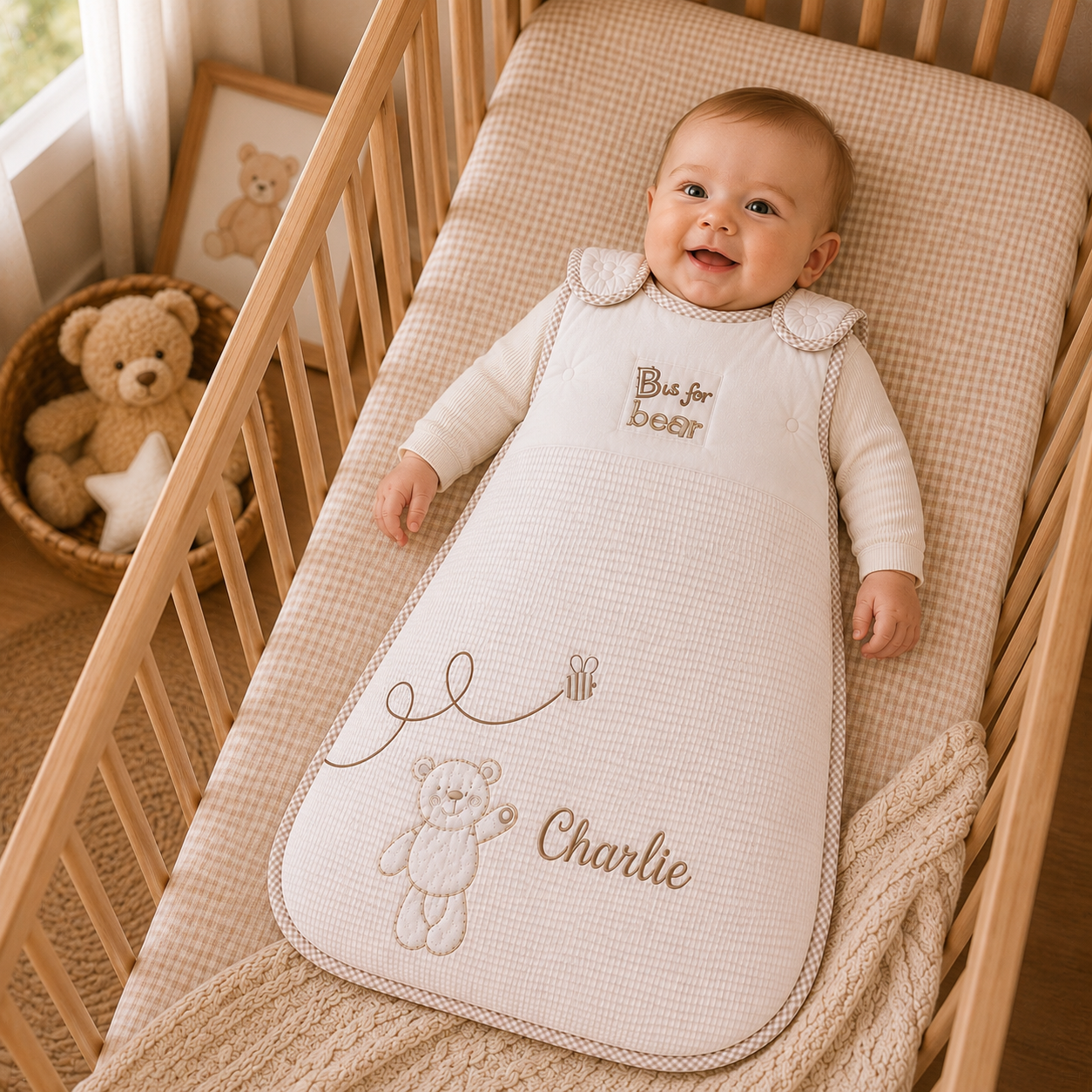 Sleeping Bag - White 0-6 months- "B is for Bear"