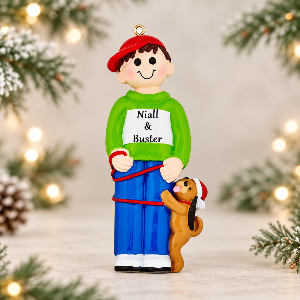 Boy with Dog Christmas Ornament - personalised (1281)