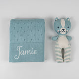 Personalised Seafoam Cotton Blanket and Kitty