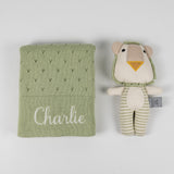 Personalised Sage Green Cotton Blanket and Lion