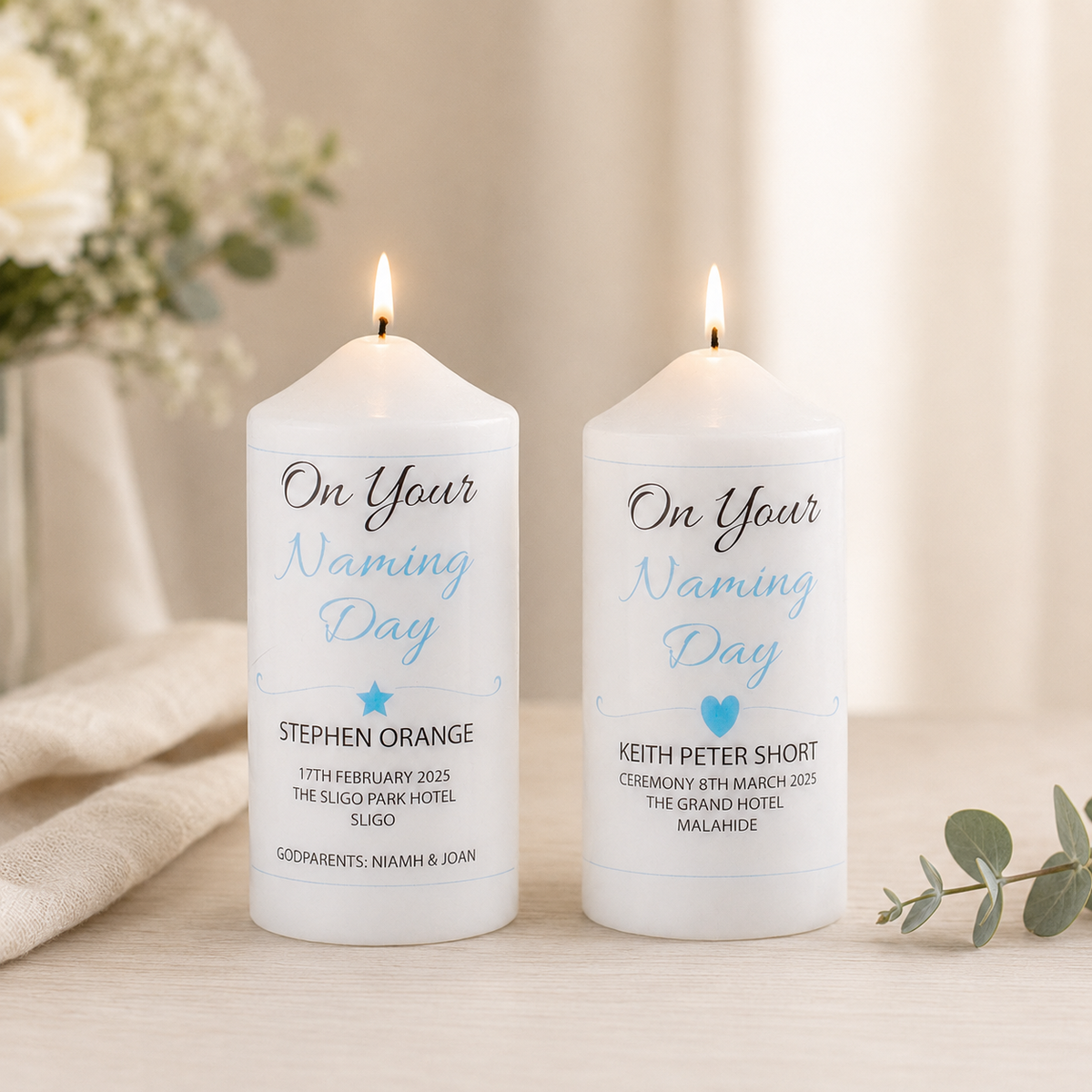 Personalised Naming Day Candle Blue - Heart or Star design