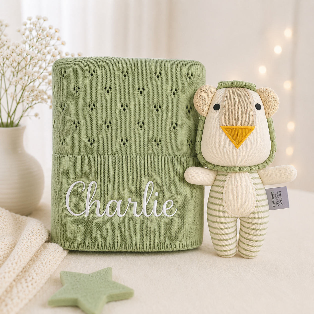Personalised Sage Green Cotton Blanket and Lion