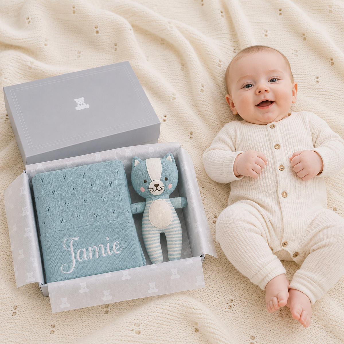 Personalised Seafoam Cotton Blanket and Kitty