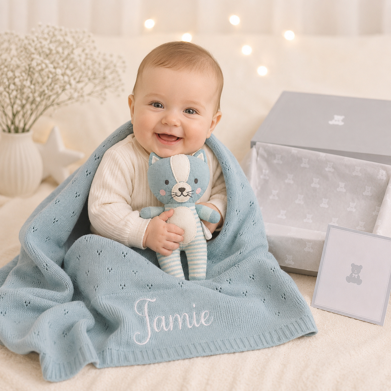 Personalised Seafoam Cotton Blanket and Kitty