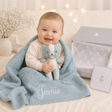 Personalised Seafoam Cotton Blanket and Kitty