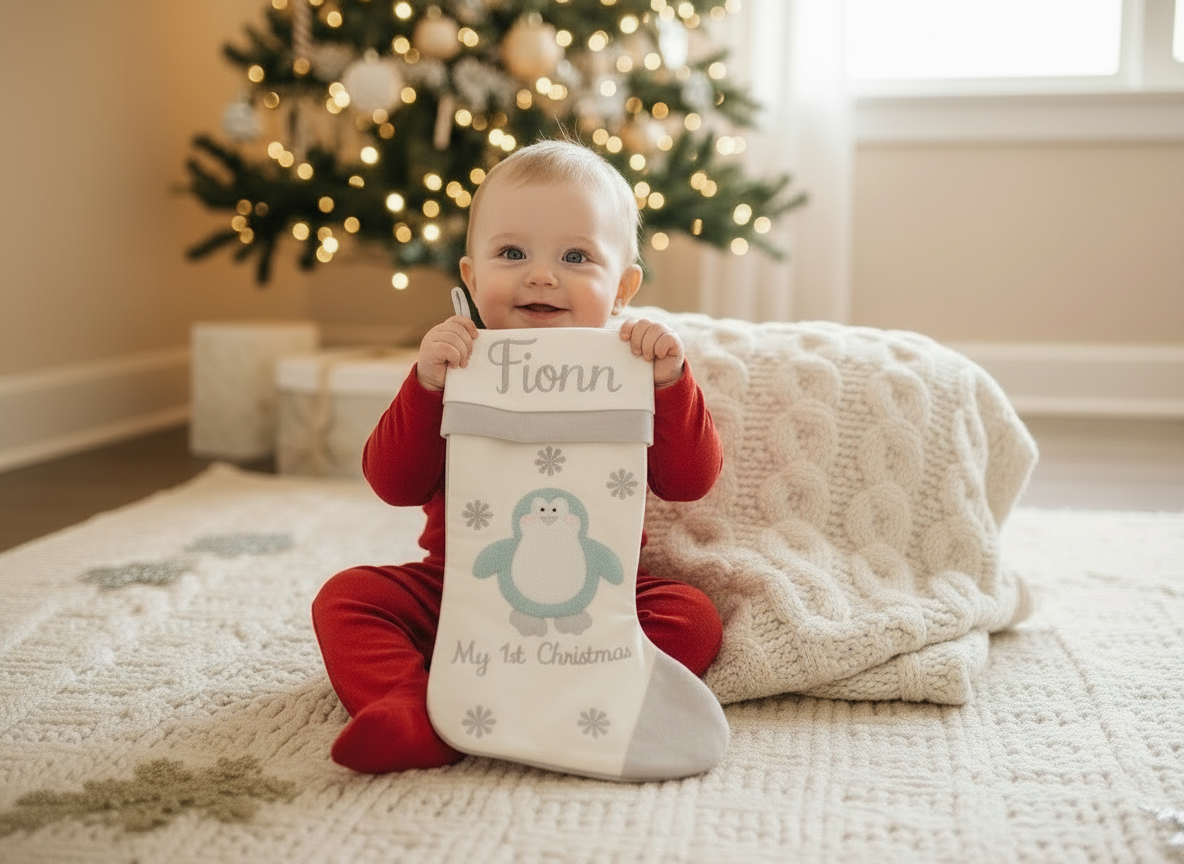 Baby's 1st Christmas Stocking - Blue Penguin