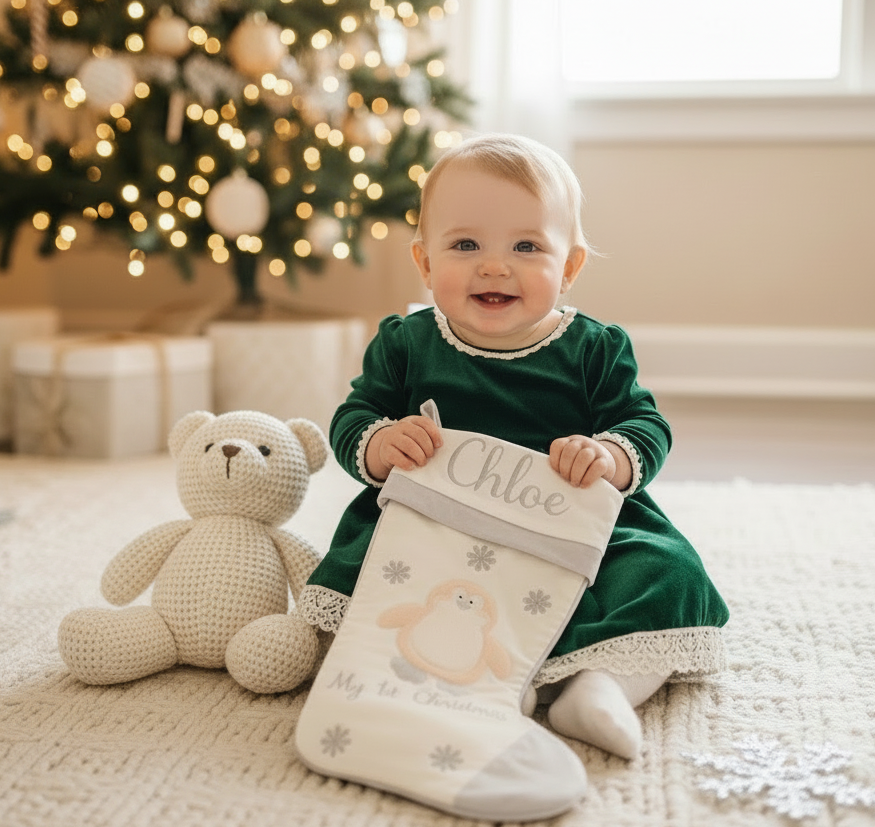 Baby's 1st Christmas Stocking - Pink Penguin
