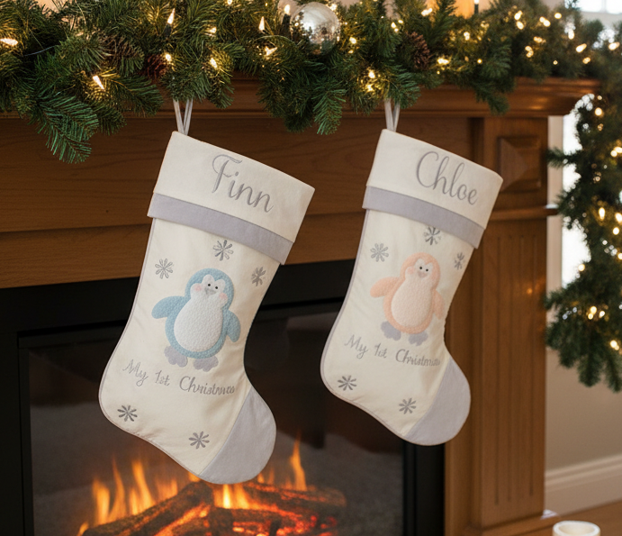 Baby's 1st Christmas Stocking - Pink Penguin