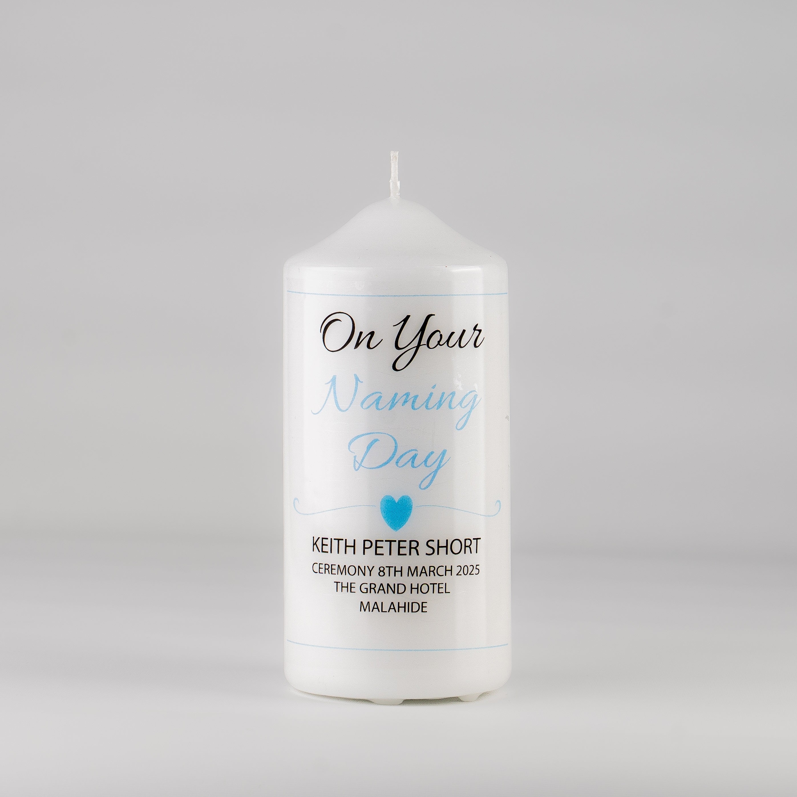 Personalised Naming Day Candle Blue - Heart or Star design