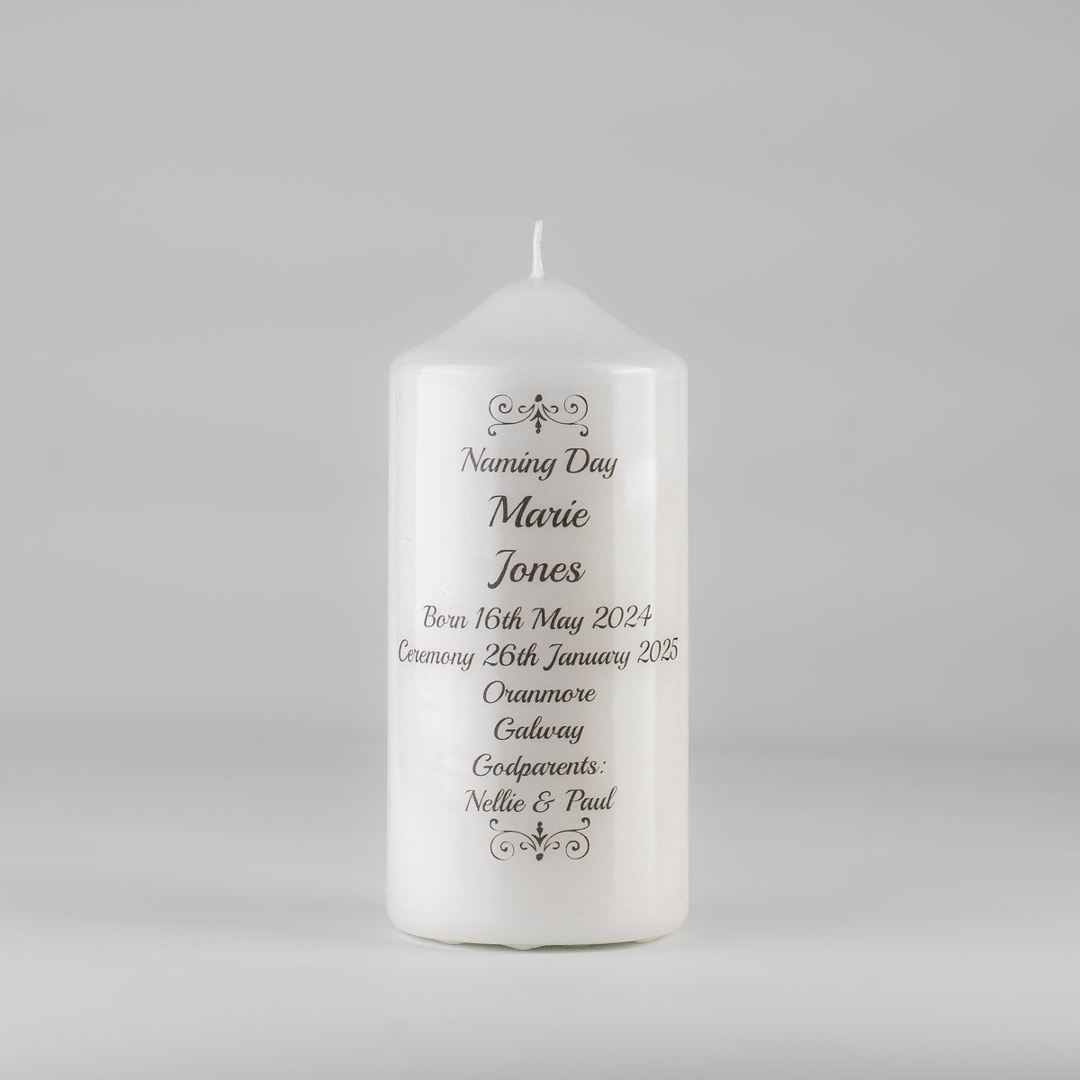 Traditional Personalised Naming Day Candle Grey