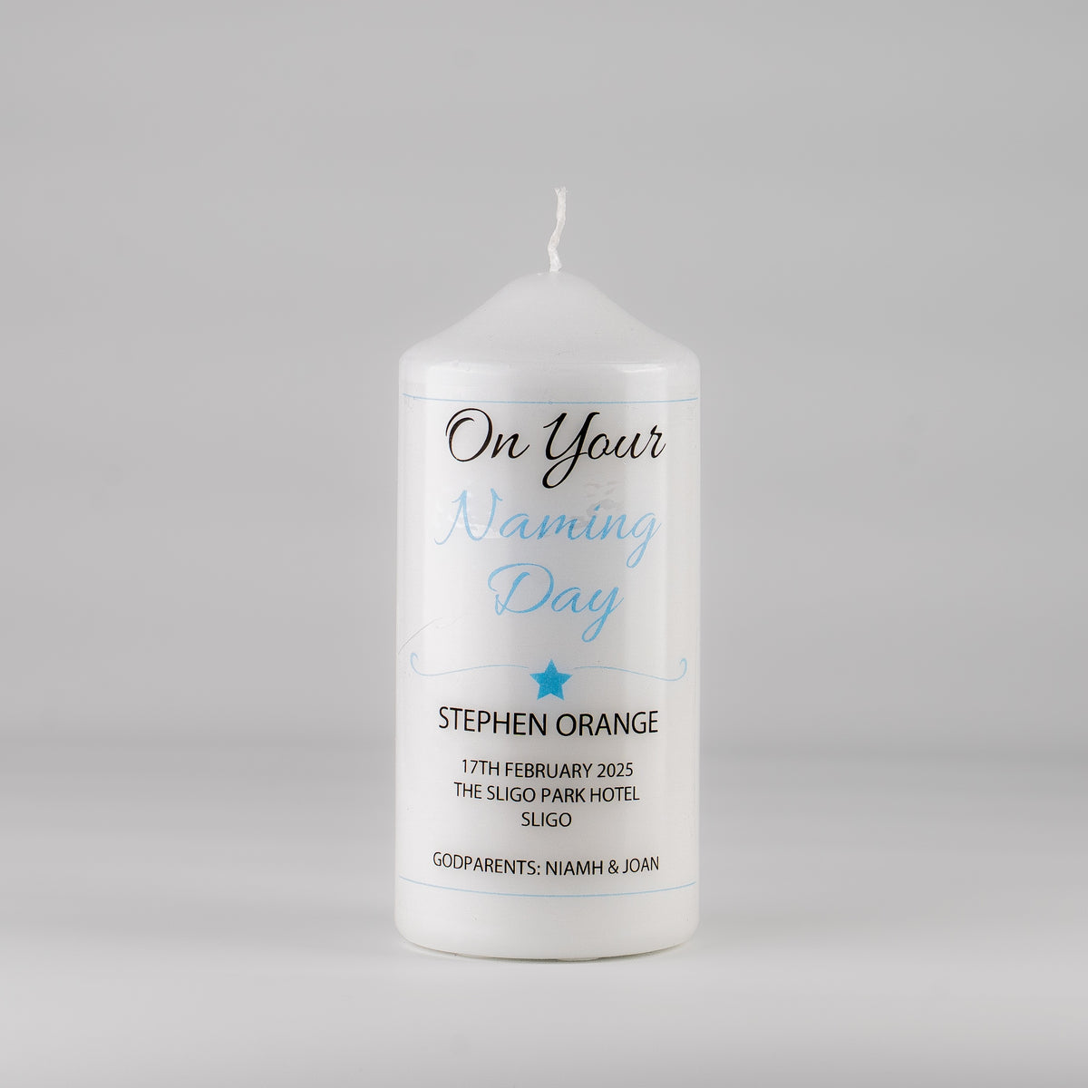 Personalised Naming Day Candle Blue - Heart or Star design