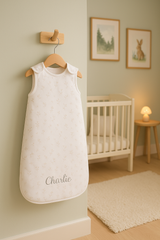 White baby bag with 'Charlie' embroidered on it, hanging in a nursery.