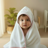 Baby girl in pink hooded towel with rounded edges