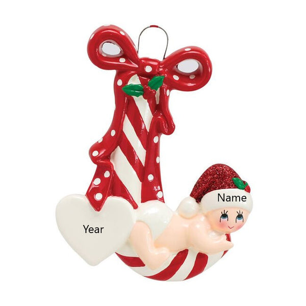 Baby on Candy Cane Ornament- Red 1424R