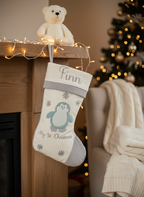 Baby's 1st Christmas Stocking - Blue Penguin