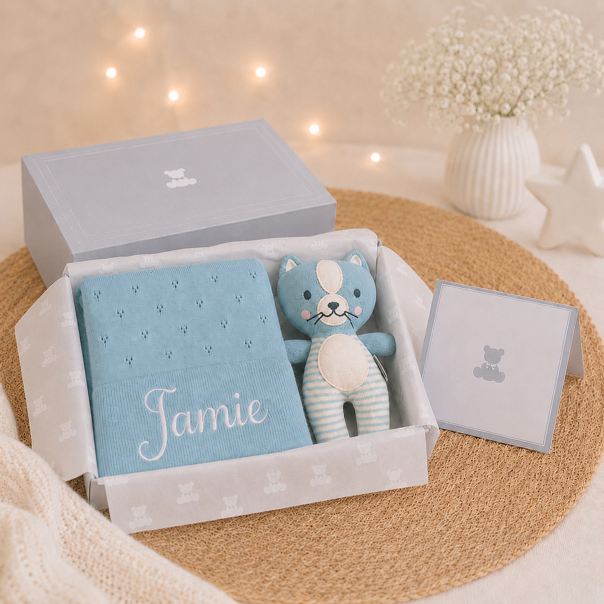 Personalised Seafoam Cotton Blanket and Kitty