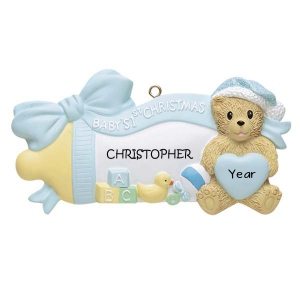 Blue Baby Bottle with Bear Christmas Ornament (22B)