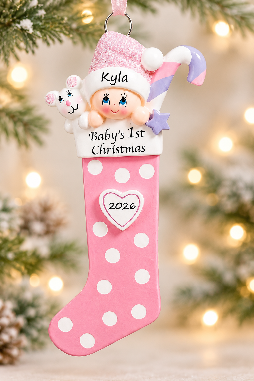 Baby's 1st Christmas Long Stocking Ornament- Pink (1422G)