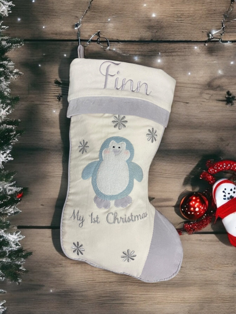 Baby's 1st Christmas Stocking - Blue Penguin