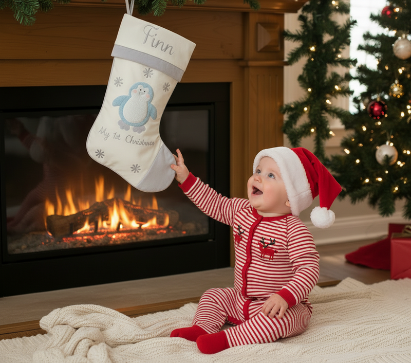 Baby's 1st Christmas Stocking - Blue Penguin