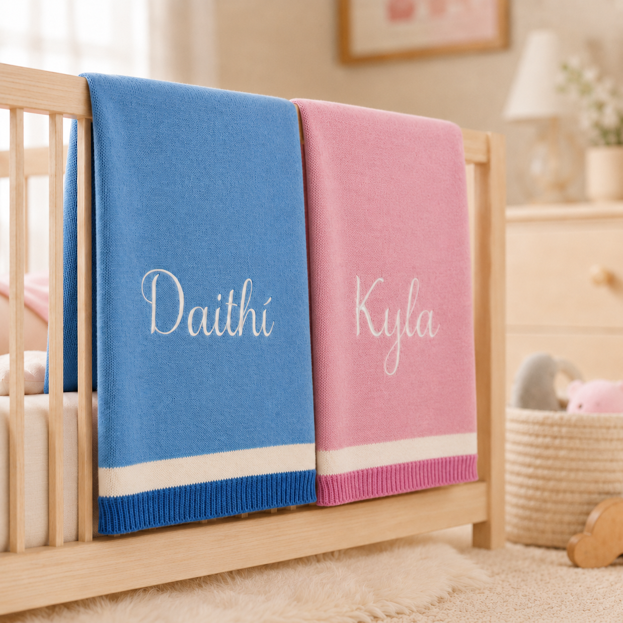 Personalised Knit Cotton Blankets - Striped Trim
