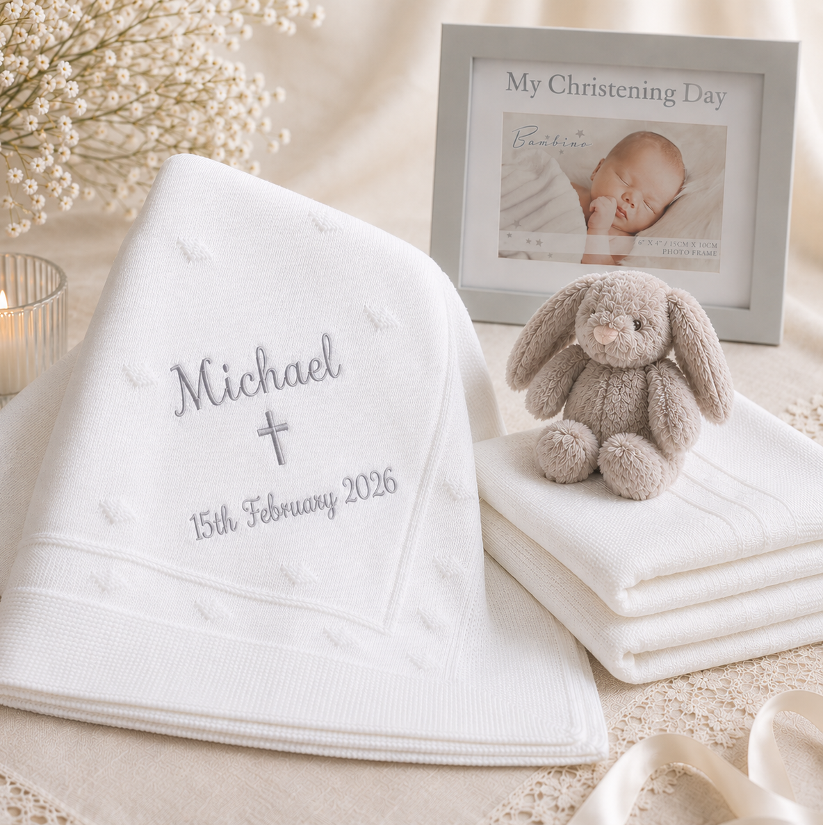 Personalised Christening Hamper with Organic Christening Shawl