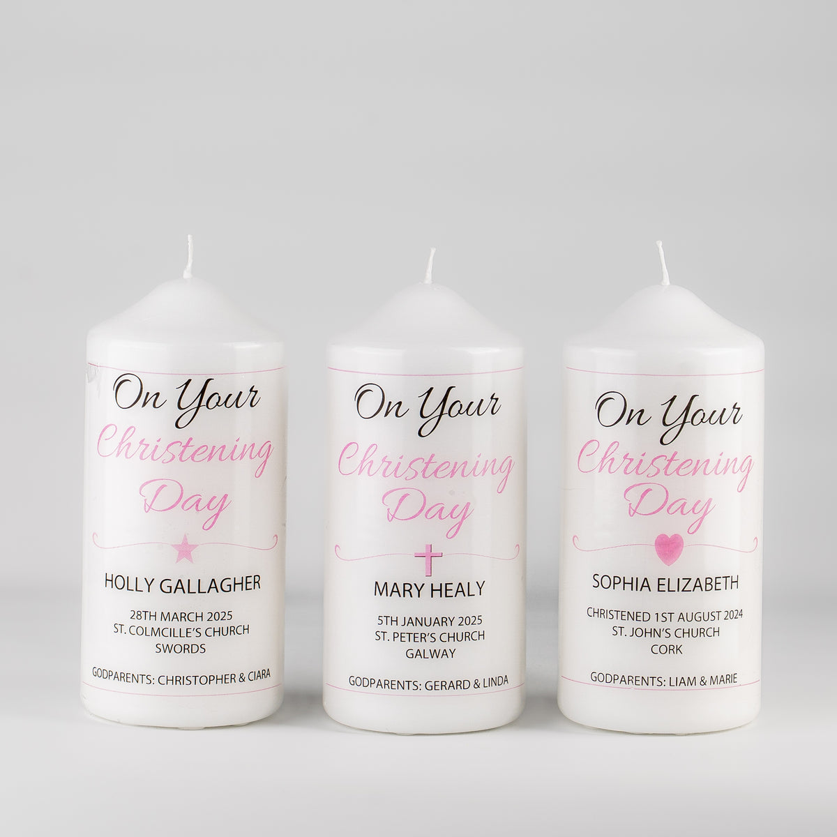 Personalised Christening Candle Pink - Cross, Heart or Star design