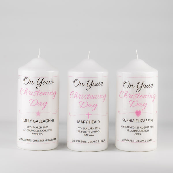 Personalised Christening Candle Pink - Cross, Heart or Star design