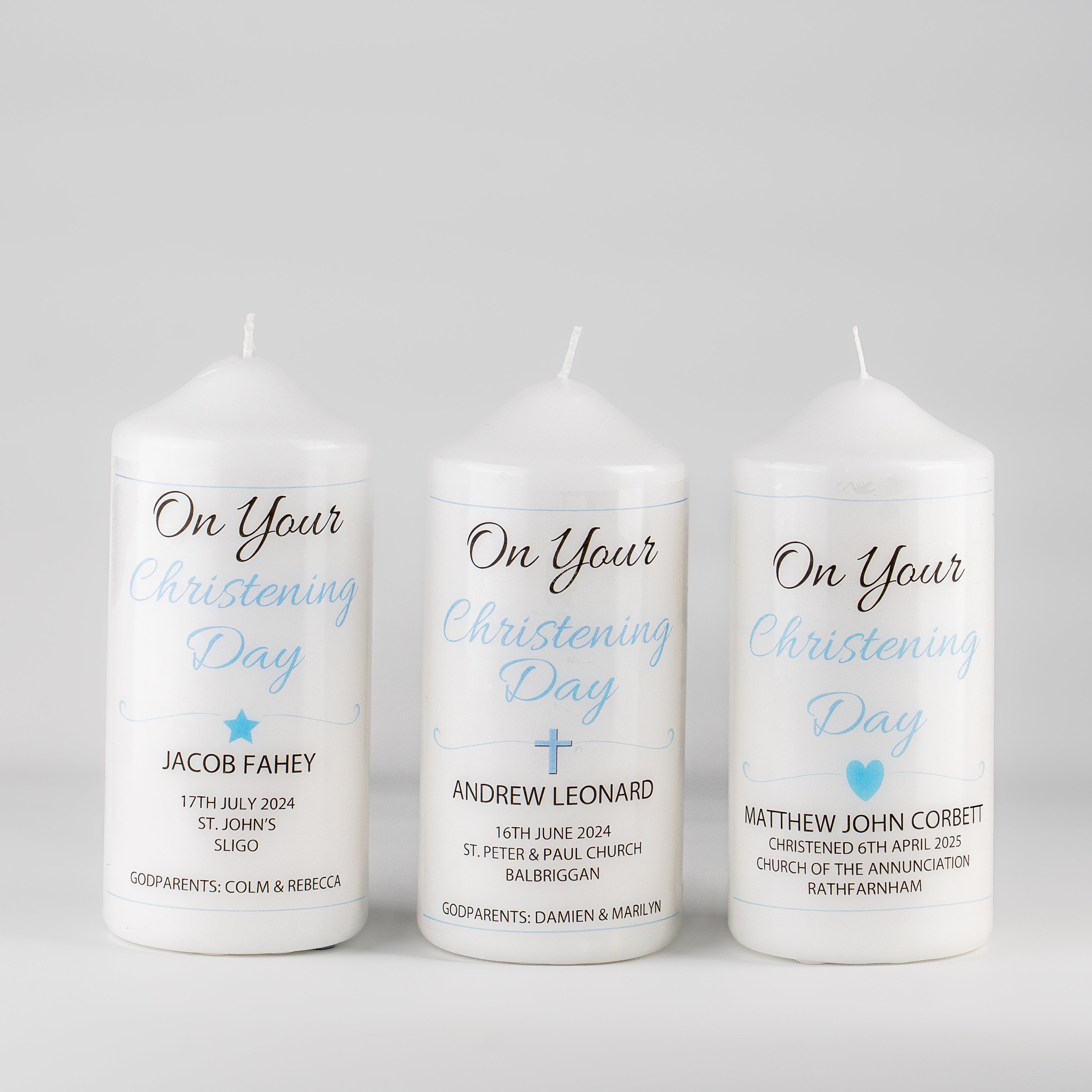 Personalised Christening Candle Blue - Cross, Heart or Star design