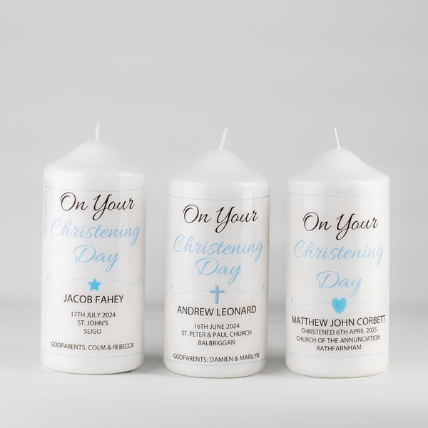 Personalised Christening Candle Blue - Cross, Heart or Star design