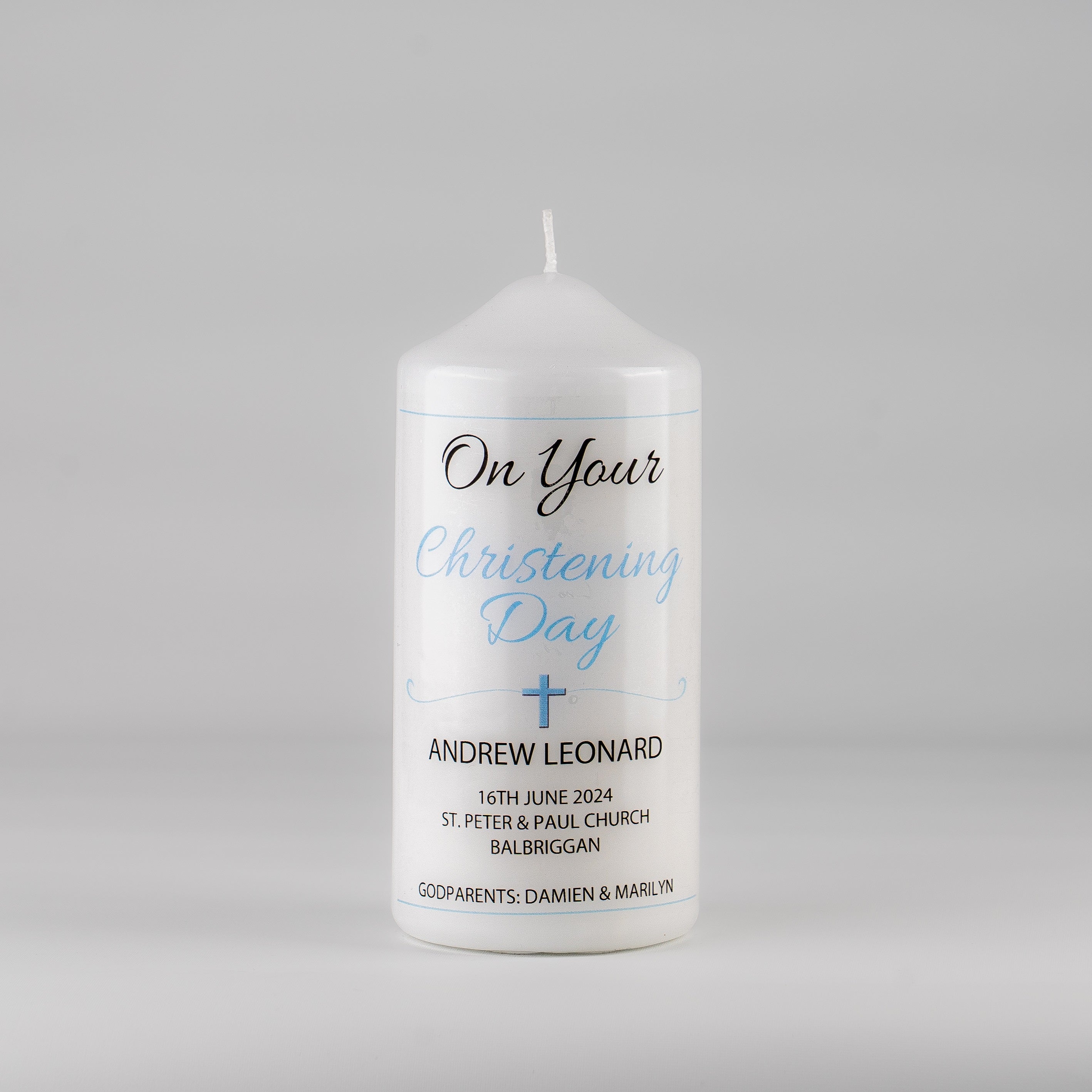 Personalised Christening Candle Blue - Cross, Heart or Star design