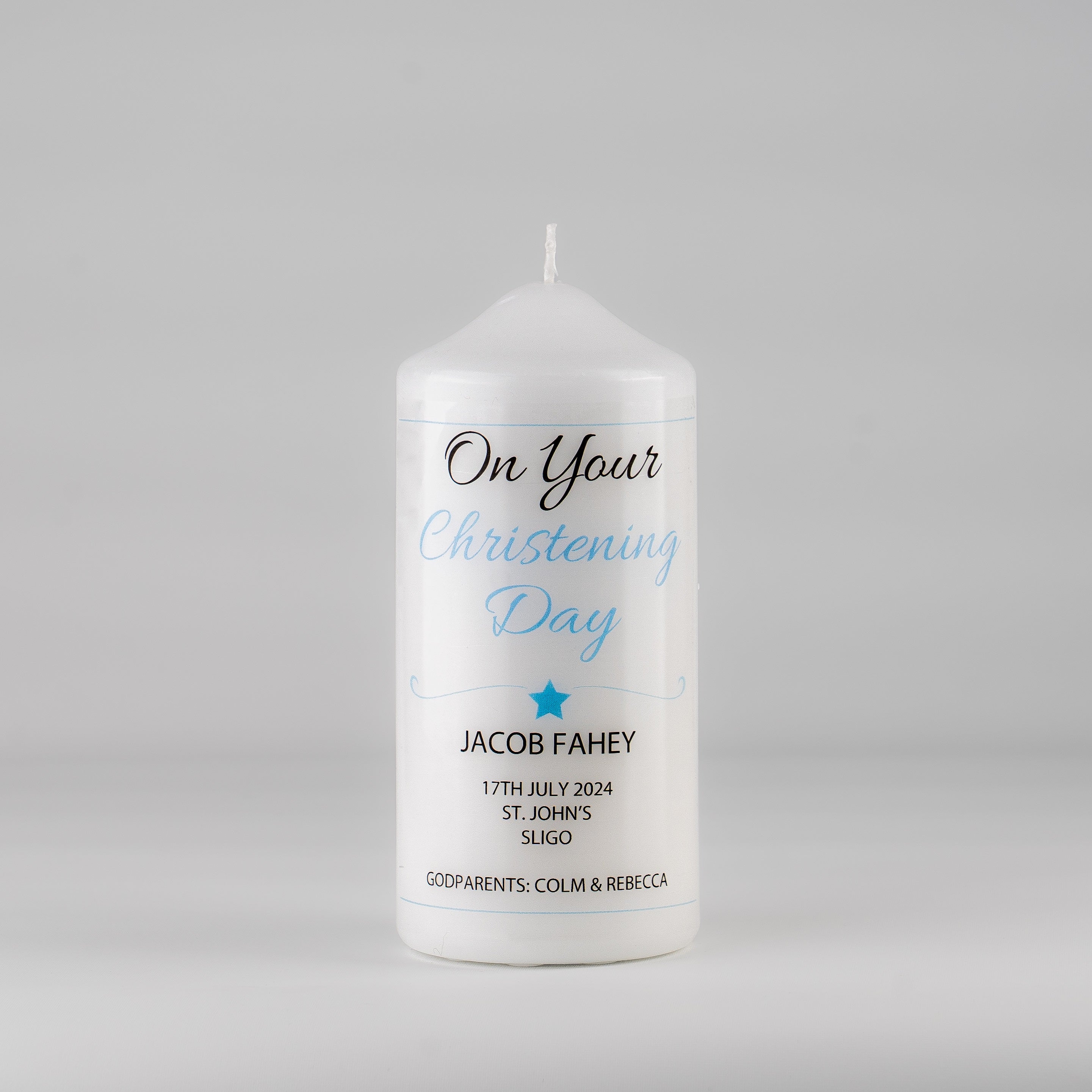 Personalised Christening Candle Blue - Cross, Heart or Star design