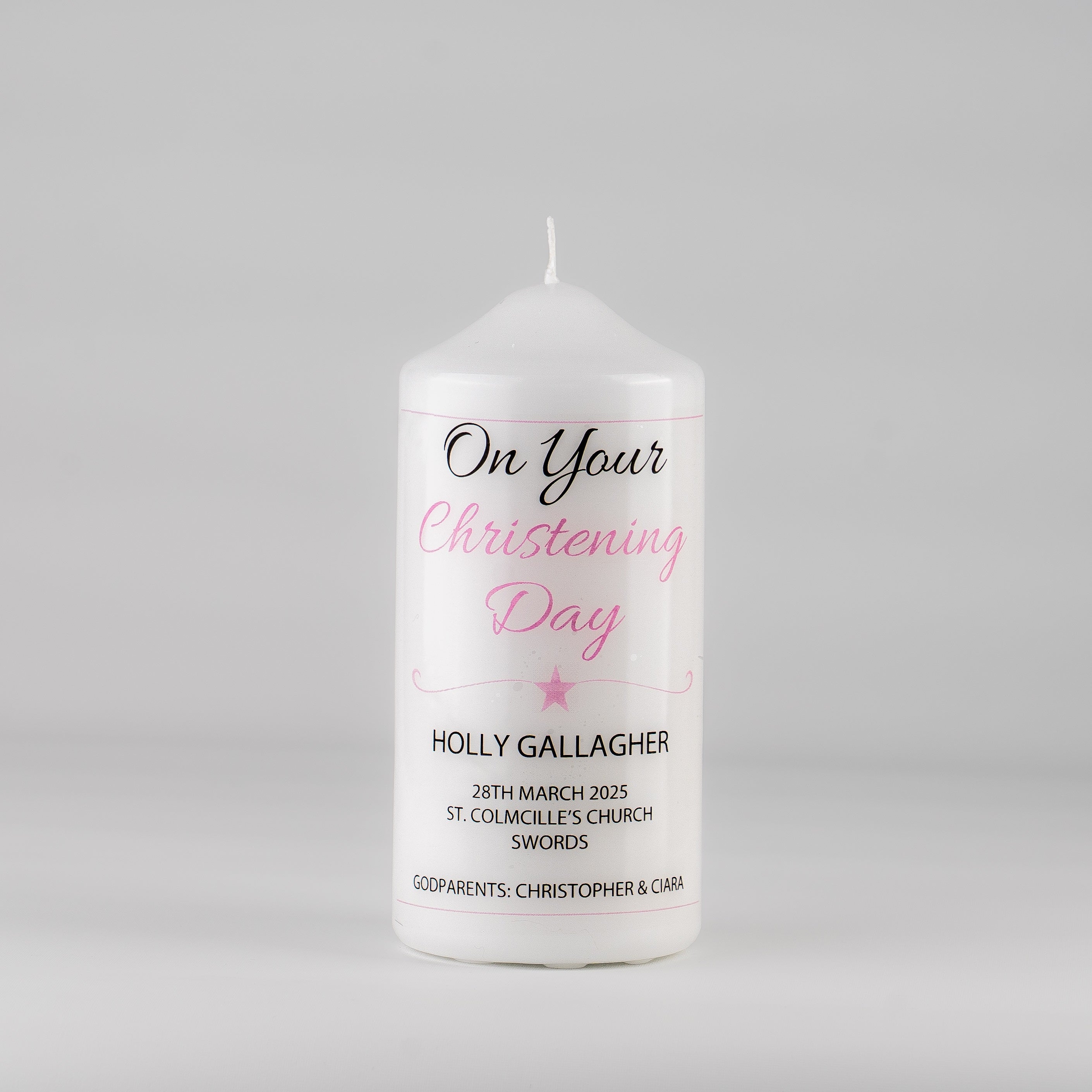 Personalised Christening Candle Pink - Cross, Heart or Star design