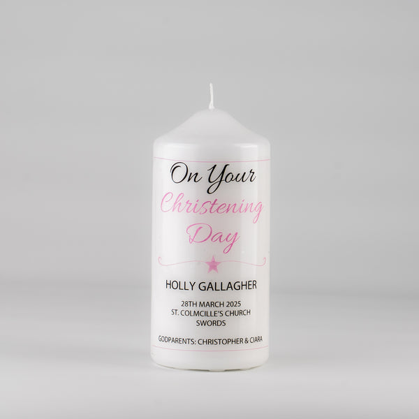 Personalised Christening Candle Pink - Cross, Heart or Star design