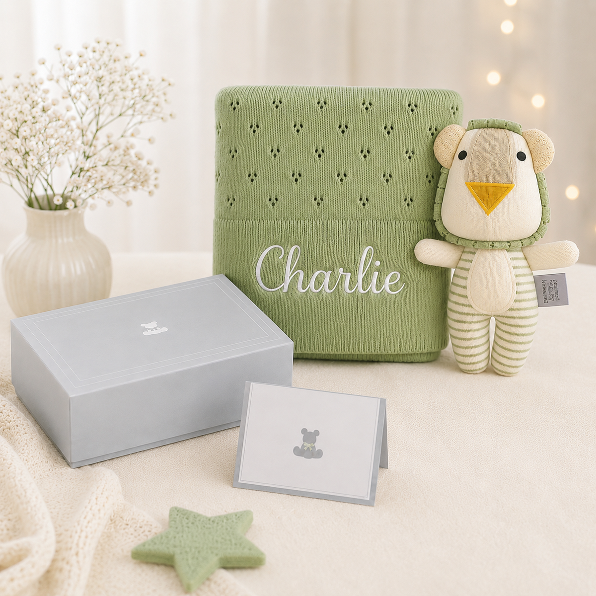 Personalised Sage Green Cotton Blanket and Lion