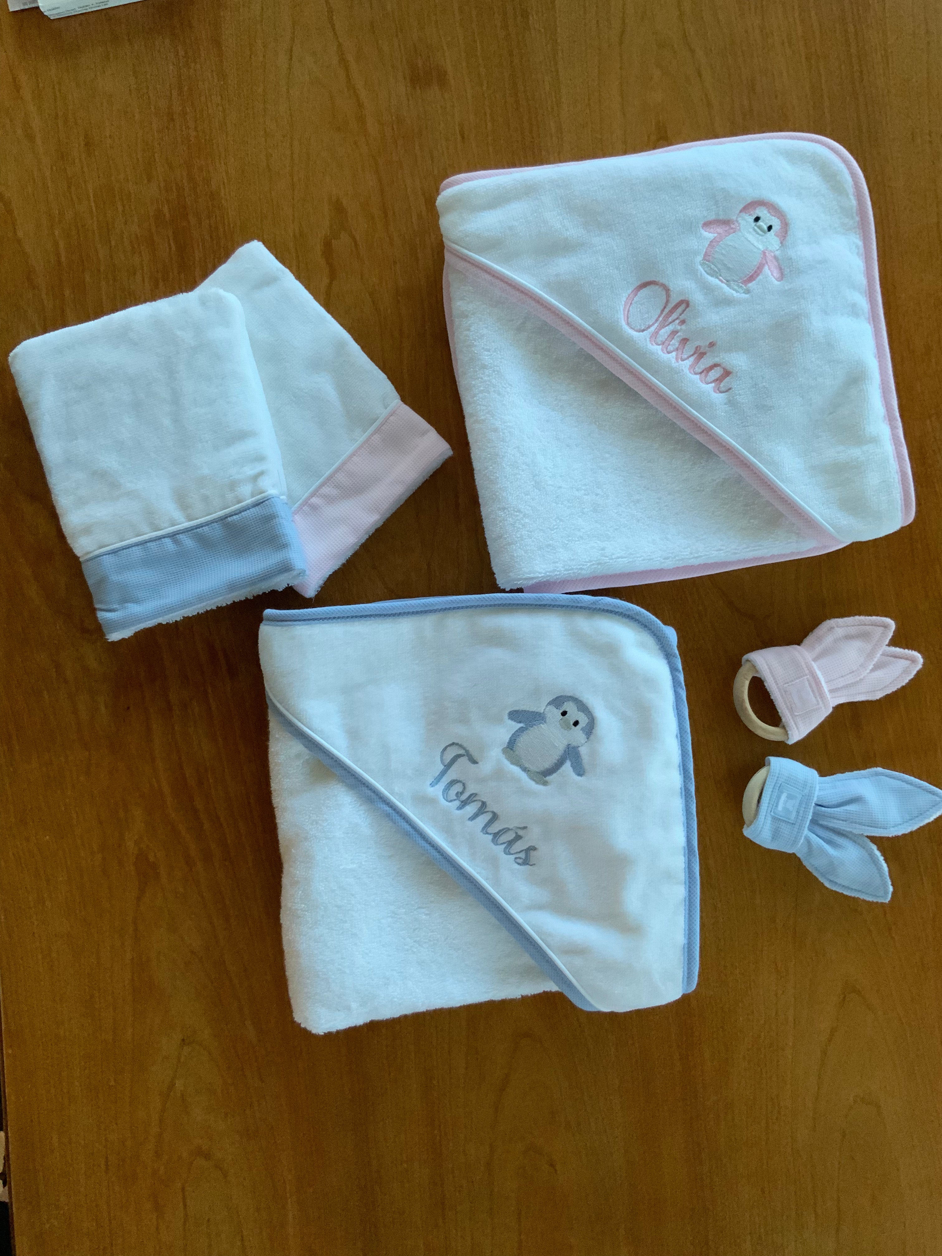 Pink or Blue Penguin Hooded Towel and Mitt Gift Box