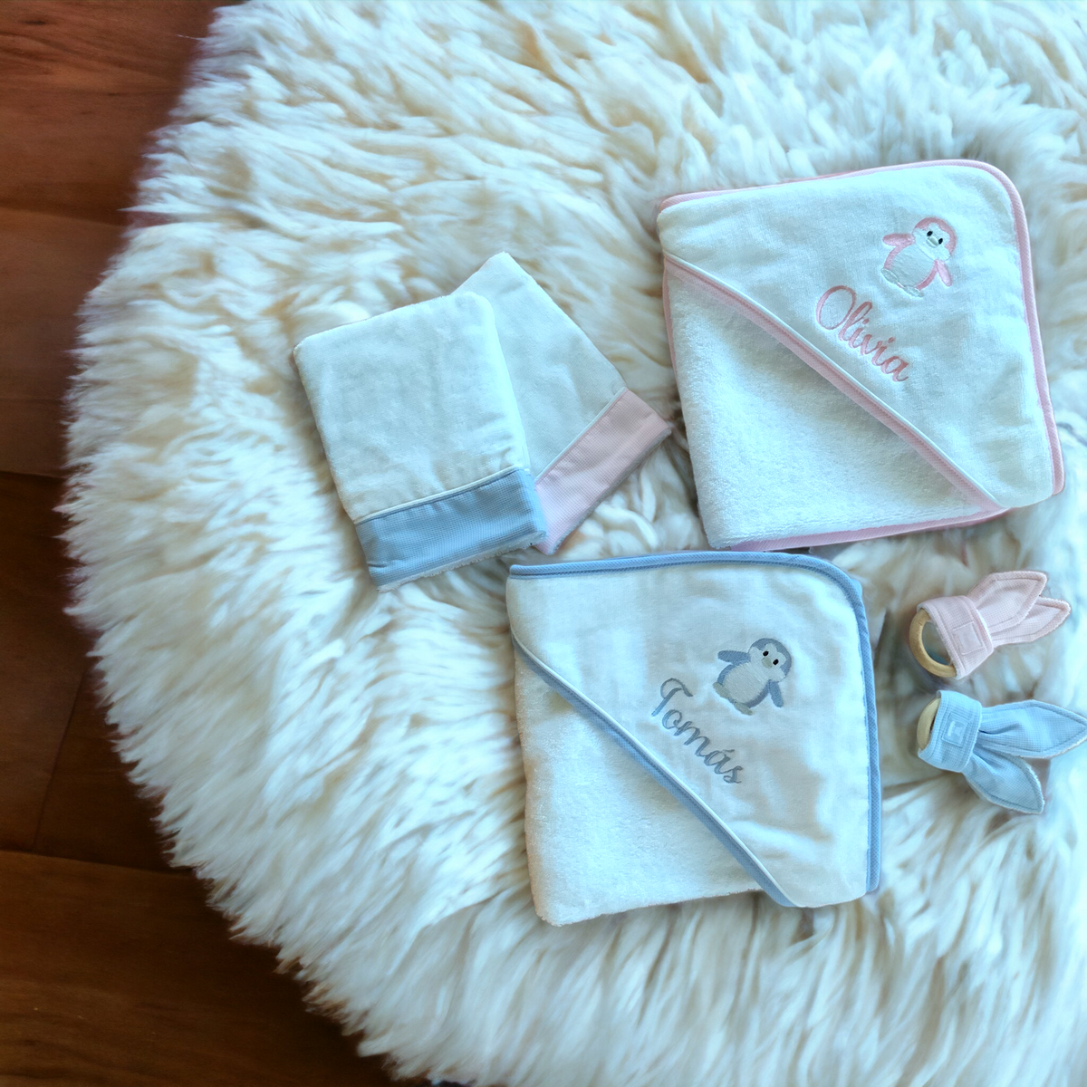 Pink or Blue Penguin Hooded Towel and Mitt Gift Box