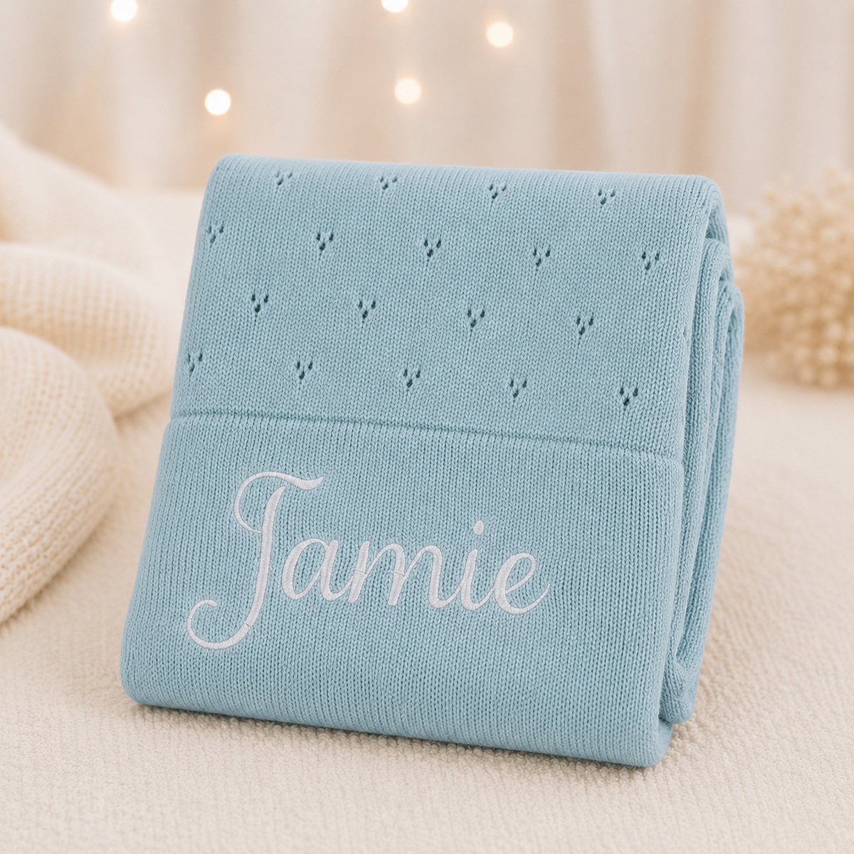 Personalised Seafoam Cotton Blanket and Kitty