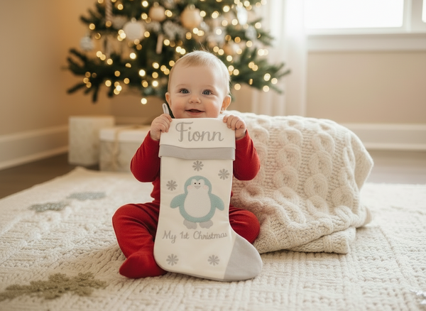 Baby's 1st Christmas Stocking - Blue Penguin