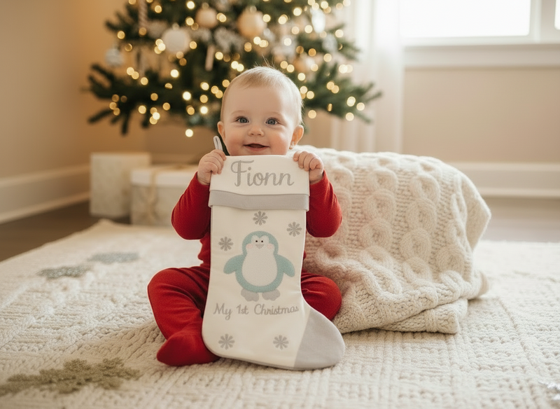 Baby's 1st Christmas Stocking - Blue Penguin