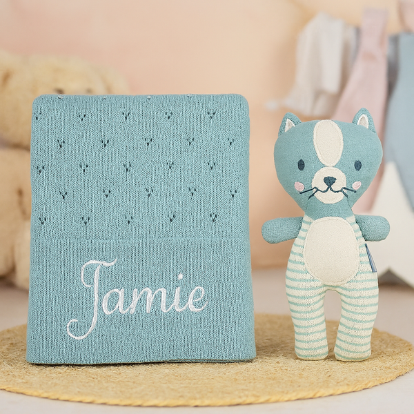 Personalised Seafoam Cotton Blanket and Kitty