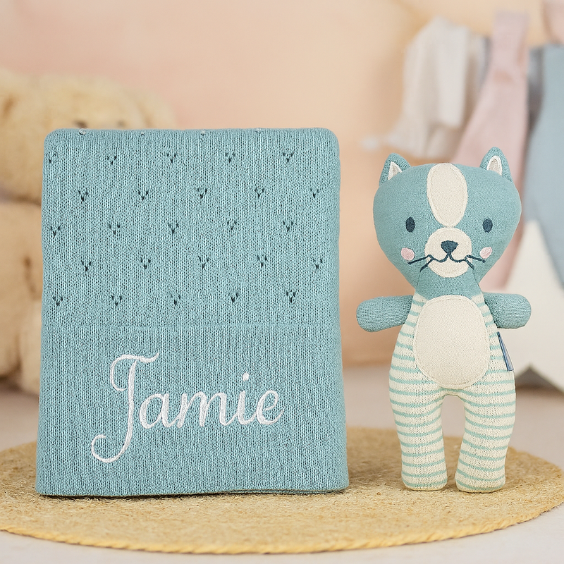 Personalised Seafoam Cotton Blanket and Kitty