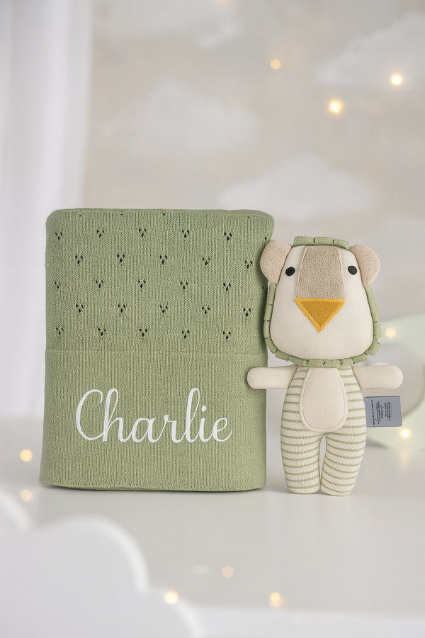 Personalised Sage Green Cotton Blanket and Lion