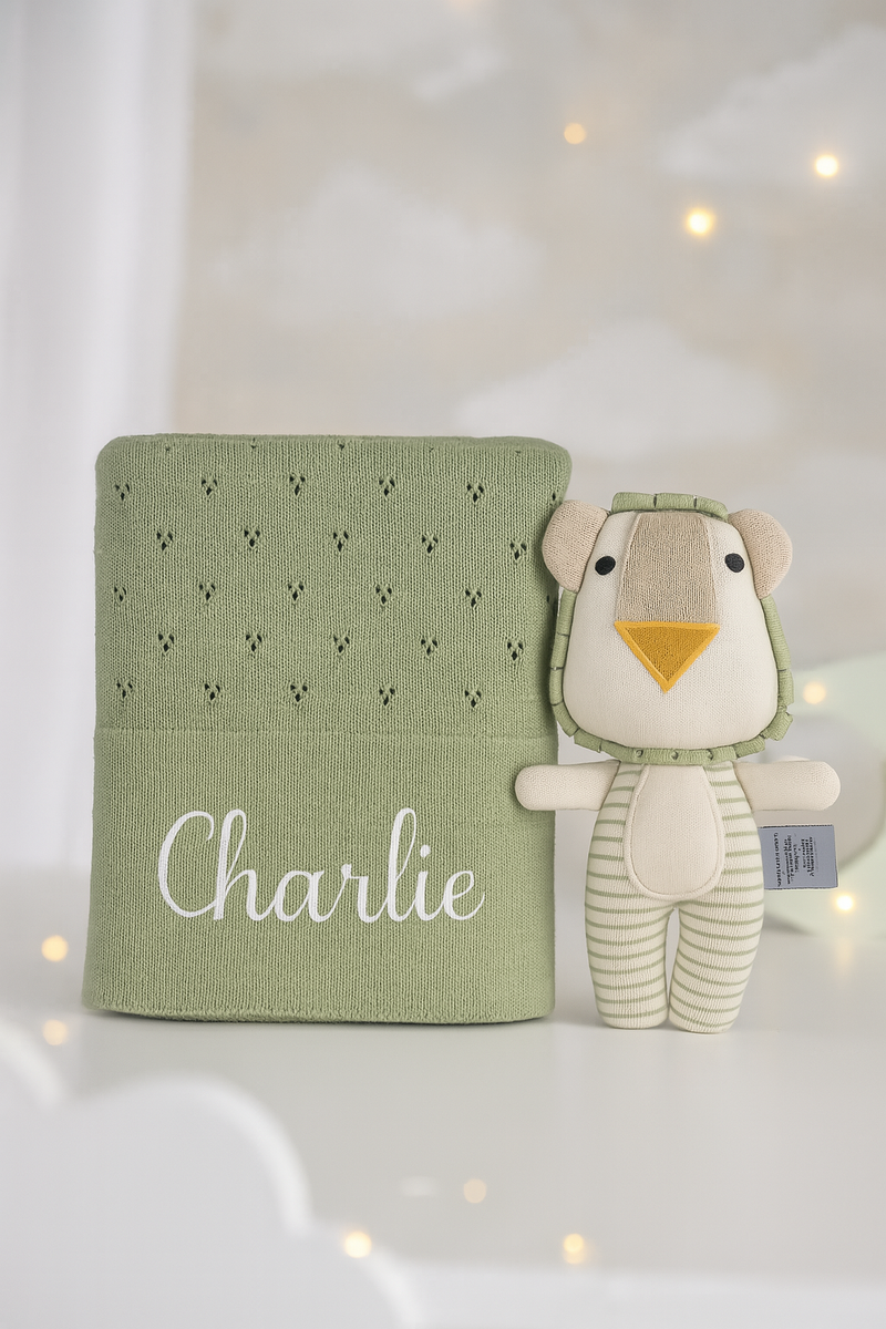 Personalised Sage Green Cotton Blanket and Lion