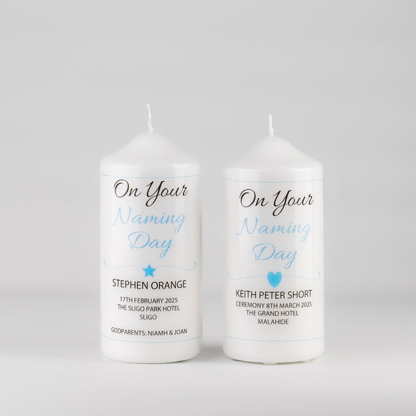 Personalised Naming Day Candle Blue - Heart or Star design