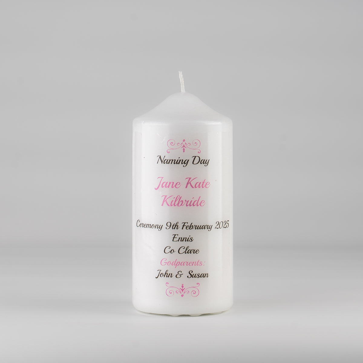 Traditional Personalised Naming Day Candle Pink