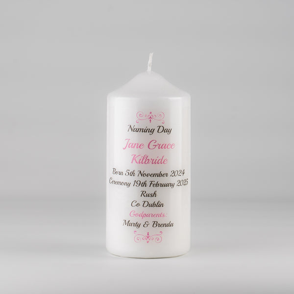 Traditional Personalised Naming Day Candle Pink