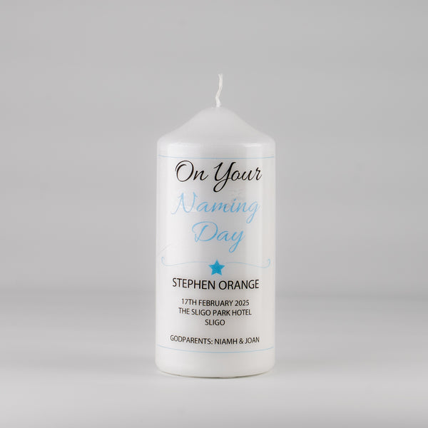 Personalised Naming Day Candle Blue - Heart or Star design