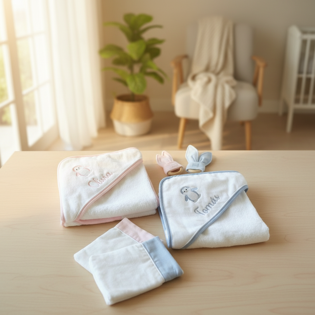 Pink or Blue Penguin Hooded Towel and Mitt Gift Box