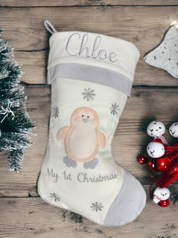 Baby's 1st Christmas Stocking - Pink Penguin